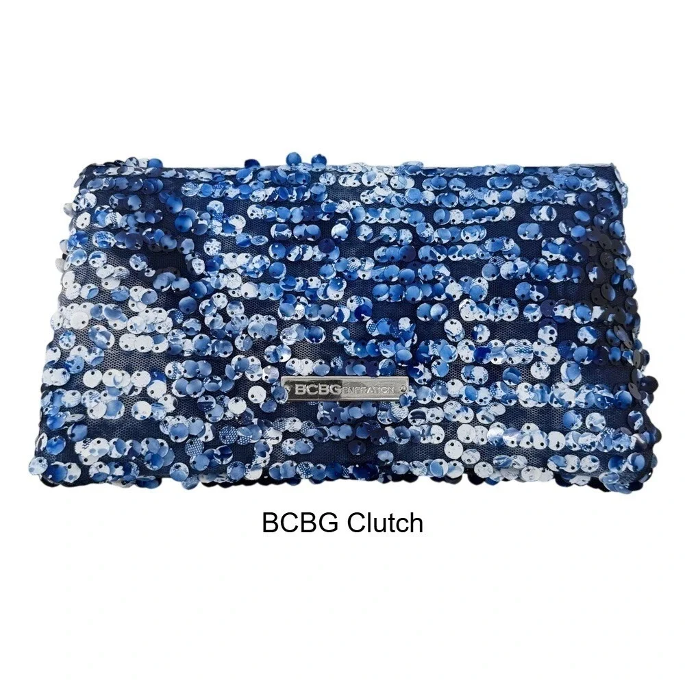 BCBGeneration Blue White Sequin Foldover Clutch Bag Evening Party Pouch